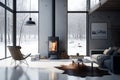 Winter-Ready Contemporary Living Room with Functional Wood-Burning Stove. AI