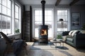 Winter-Ready Contemporary Living Room with Functional Wood-Burning Stove. AI