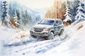Winter-ready SUV with robust all-terrain tires tackling snow-covered mountain routes
