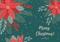 Winter rectangular festive banner on green background with text Merry Christmas in flat vector style.