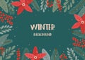 Winter rectangular festive banner on green background with text Winter background