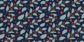 Winter rectangular seamless pattern on blue background with hand drawn christmas berries and leaves in flat vector style.