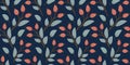 Winter rectangular seamless pattern on blue background with hand drawn christmas berries and leaves