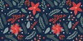 Winter rectangular seamless pattern on blue background with hand drawn christmas tree branches