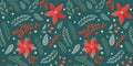 Winter rectangular seamless pattern on green background with hand drawn christmas tree branches, poinsettia