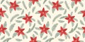 Winter rectangular seamless pattern on white background with hand drawn christmas tree branches, poinsettia