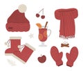 Winter red colored clothes set. Collection of vector clothing items for cold weather. Flat illustration of knitted warm sweater, Royalty Free Stock Photo