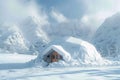 Winter refuge Snow covered alpine emergency shelter with text space