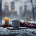 Winter relaxation coffee, candle, book set against city skyline