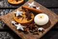 Winter relaxing aromatherapy. Side view of various spice. Royalty Free Stock Photo