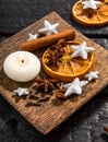 Winter relaxing aromatherapy. Side view of various spice. Royalty Free Stock Photo