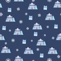 Winter repeating pattern, snowy beautiful house, snow, gifts, white snowflakes, blue background. Royalty Free Stock Photo