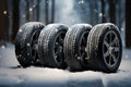 Winter resilience four black tires endure snowfall with steadfast grace Royalty Free Stock Photo