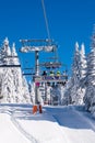 Winter resort Kopaonik, Serbia, ski lift, white snow pine trees, blue sky