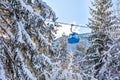 Ski resort, gondola ski lift cabin and pine trees Royalty Free Stock Photo