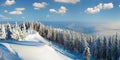 Winter rime and snow covered hill top with fir trees and  snowdrifts Carpathian Mountains, Ukraine Royalty Free Stock Photo