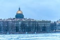 Russia, St. Petersburg, January 2021. View of the Palace Embankment with the dome of St. Isaac`s Cathedral.