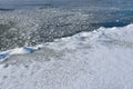 Winter river Dnepr divided by thick and thin ice at January Royalty Free Stock Photo