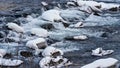 Winter river flowing near snow and ice covered stones Royalty Free Stock Photo