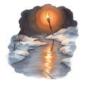 Winter River Illuminated by a Single Burning Torch Reflection at Night Royalty Free Stock Photo