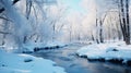 Winter river in snow forest landscape. Frozen river water in winter