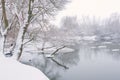 Winter river, when it is snowing