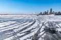 In Winter river the turns into frozen, People can walk down and arrange activities on the river in Harbin China