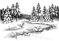 Winter river under ice and forest of snowy firs and pines. Vector drawing. Royalty Free Stock Photo