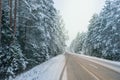 Winter on the road through coniferous forest. Beautiful winter scenery with on the road through  forest full of trees covered snow Royalty Free Stock Photo