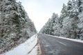 Winter on the road through coniferous forest. Beautiful winter scenery with on the road through  forest full of trees covered snow Royalty Free Stock Photo