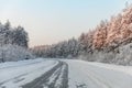 Winter road with ice on the asphalt, trees under snow during the winter frost