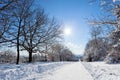 Winter road landscape with snow covered trees Royalty Free Stock Photo