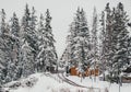 Winter road in polish village valley with old wooden houses. Tatra Mountains Royalty Free Stock Photo