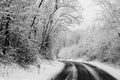 Winter road with snow on the ground. travel in difficult way to enjoy the colder season. white image with black asphalt in