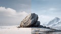 Winter rock landscape split seasonal contrast beforeafter effect with snowy plain and distant mountain under cloudy sky Royalty Free Stock Photo