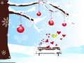 Winter romantic background with christmas tree, bench, red balls in snow, hearts, violet and green love birds