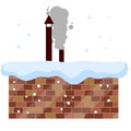 Winter roof. Brick wall with snow and chimney. Christmas decoration