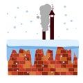 Winter roof. Brick wall with snow and chimney. Element of a house