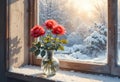 Winter roses by a sunlit window Royalty Free Stock Photo