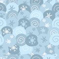 Winter round snowballs with snowflakes seamless pattern. Simple doodle print for tee, paper, fabric, textile. Hand drawn vector
