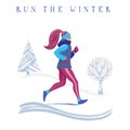 Winter running banner, young woman jogging in park