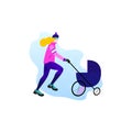 Winter running concept. Young athletic woman with stroller doing jogging. Vector illustration in flat style