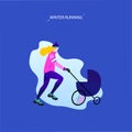 Winter running concept. Young athletic woman with stroller doing jogging. Vector illustration in flat style