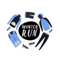 Winter running gear. Set of winter clothes and accessories for running. Vector illustration.