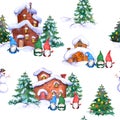 Winter rural houses and scandinavian gnomes in seamless pattern with pine tree, snow. Cute Christmas repeating Royalty Free Stock Photo