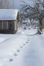 Winter rural landscape with abandoned summer small house Royalty Free Stock Photo