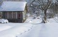 Winter rural landscape with abandoned summer small house Royalty Free Stock Photo