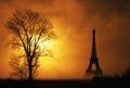 Winter rural landscape of Eiffel Tower at sunrise