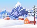 Winter rural landscape. Nature scene with snowy mountain peaks, wooden houses and spruce trees. Vector winter background