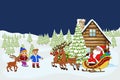 Winter rural landscape. The night eve Christmas. Village, snow, forest, reindeer Royalty Free Stock Photo